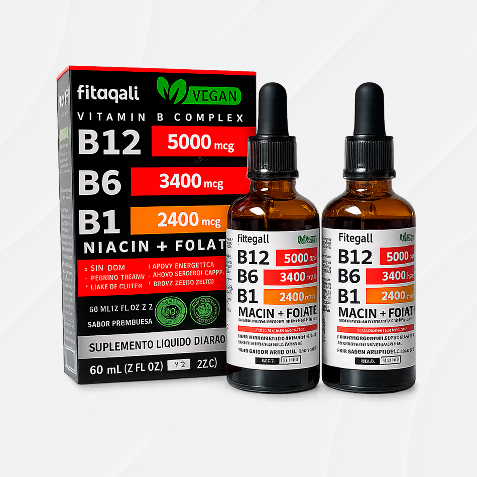 🟣 Complejo B Líquido de Alta Potencia (B12 5000 mcg + B6 + B1 + Niacina + Folato) – Sabor Frambuesa (Fitoqali)